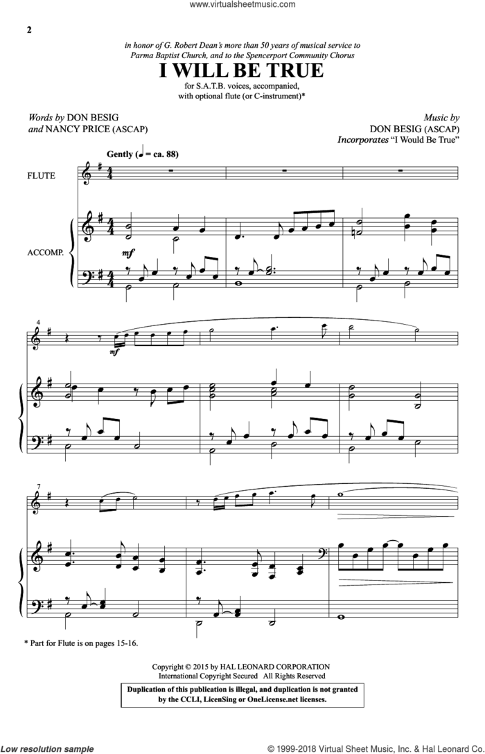 I Will Be True sheet music for choir (SATB: soprano, alto, tenor, bass) by Don Besig and Nancy Price, intermediate skill level