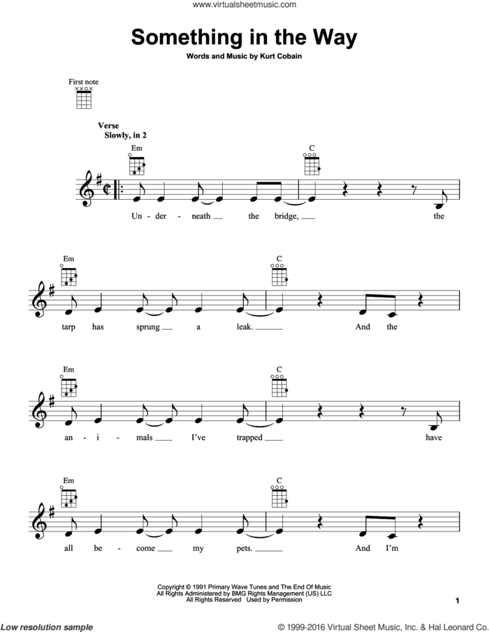 Something In The Way sheet music for ukulele by Nirvana and Kurt Cobain, intermediate skill level