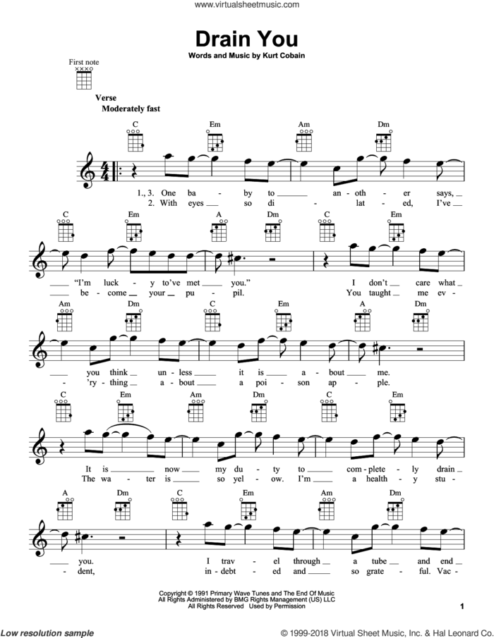 Drain You sheet music for ukulele by Nirvana and Kurt Cobain, intermediate skill level