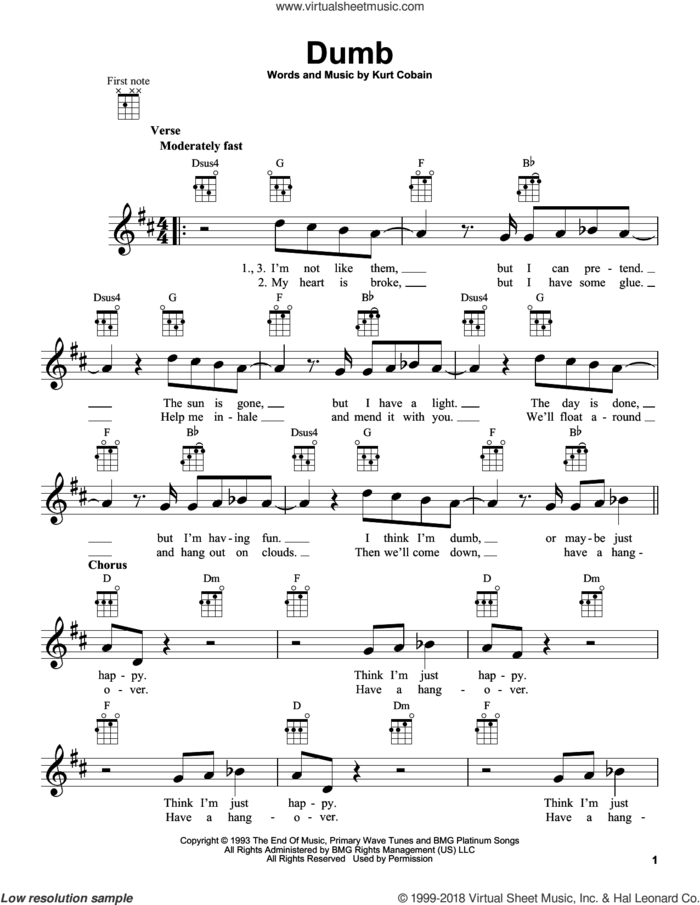 Dumb sheet music for ukulele by Nirvana and Kurt Cobain, intermediate skill level