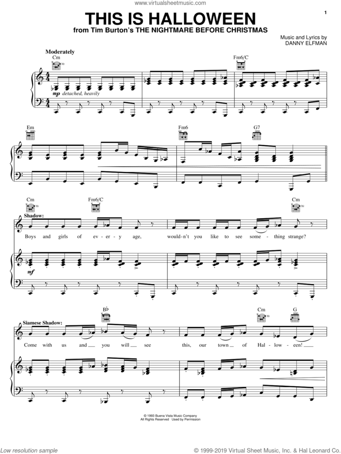 This Is Halloween (from The Nightmare Before Christmas) sheet music for voice, piano or guitar by Danny Elfman and The Nightmare Before Christmas (Movie), intermediate skill level