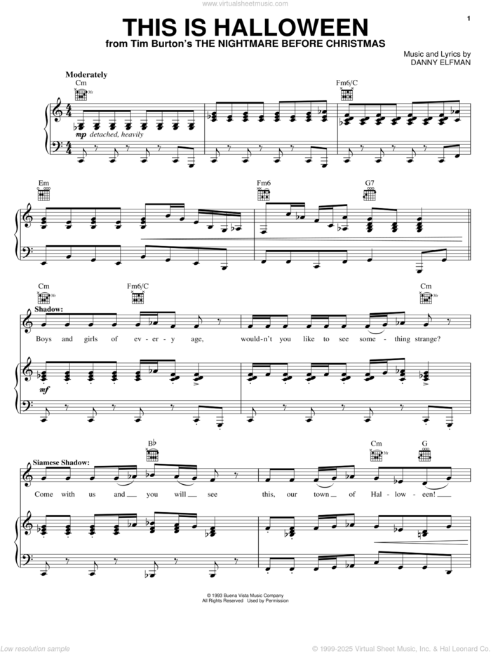 This Is Halloween (from The Nightmare Before Christmas) sheet music for voice, piano or guitar by Danny Elfman and The Nightmare Before Christmas (Movie), intermediate skill level