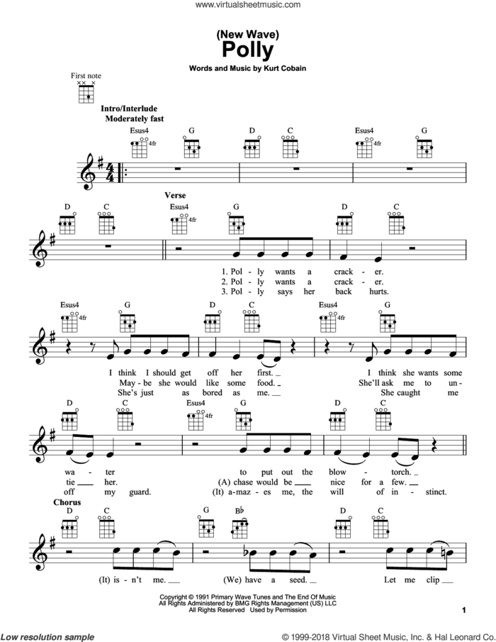 (New Wave) Polly sheet music for ukulele by Nirvana and Kurt Cobain, intermediate skill level