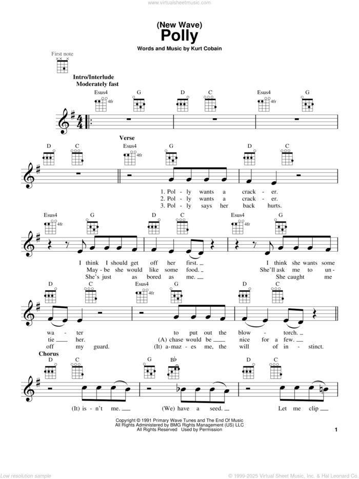 (New Wave) Polly sheet music for ukulele by Nirvana and Kurt Cobain, intermediate skill level