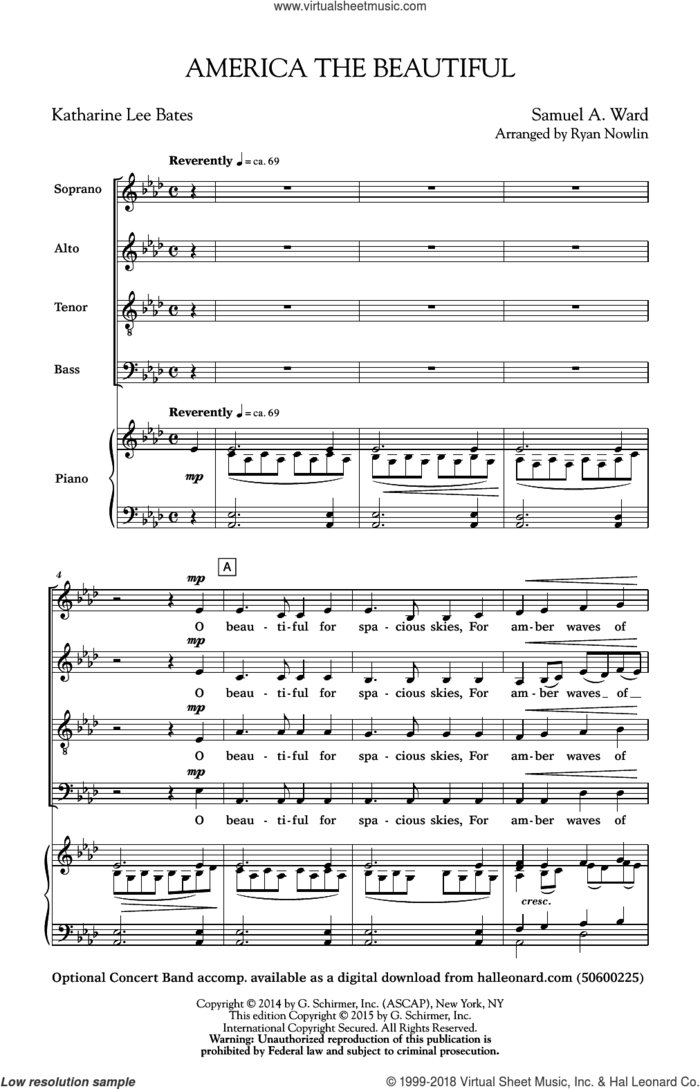America, The Beautiful sheet music for choir (SATB: soprano, alto, tenor, bass) by Samuel Augustus Ward, Katherine Lee Bates and Ryan Nowlin, intermediate skill level