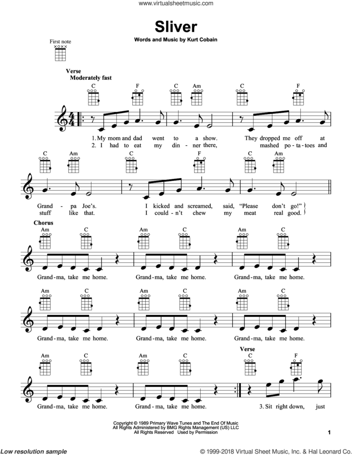 Sliver sheet music for ukulele by Nirvana and Kurt Cobain, intermediate skill level