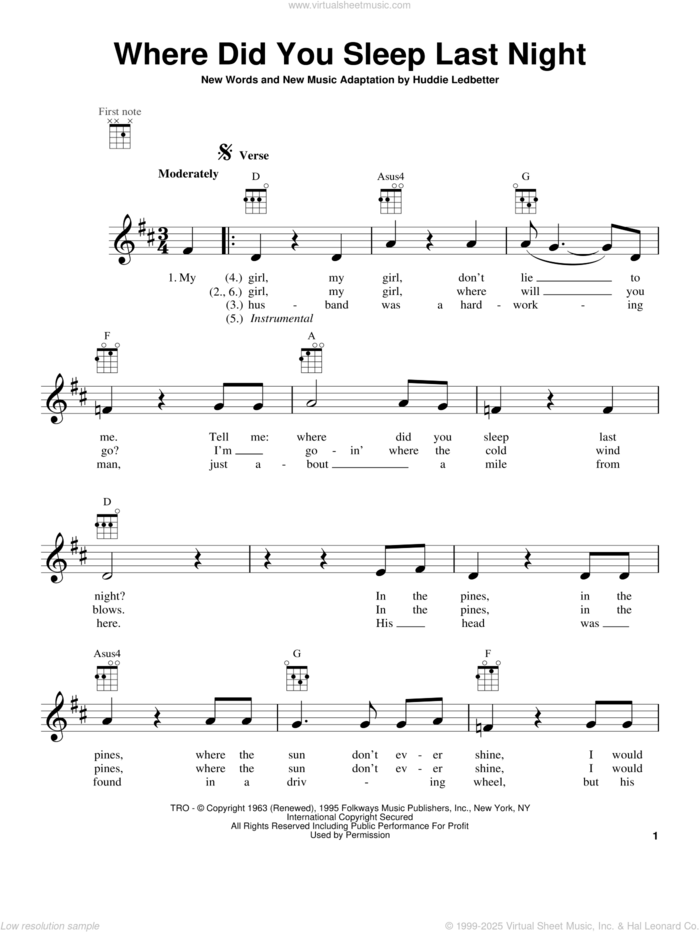 Where Did You Sleep Last Night sheet music for ukulele by Nirvana and Huddie Ledbetter, intermediate skill level