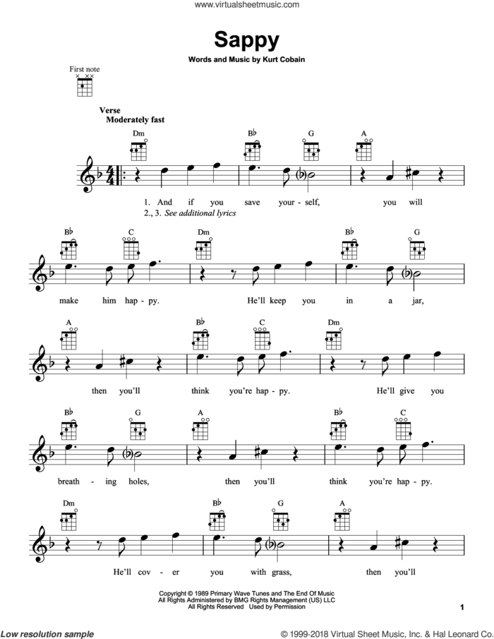 Sappy sheet music for ukulele by Nirvana and Kurt Cobain, intermediate skill level