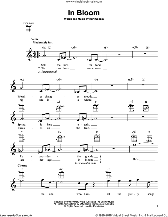 In Bloom sheet music for ukulele by Nirvana and Kurt Cobain, intermediate skill level