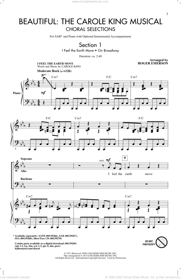 Beautiful: The Carole King Musical (Choral Selections) sheet music for choir (SAB: soprano, alto, bass) by Roger Emerson and Carole King, intermediate skill level