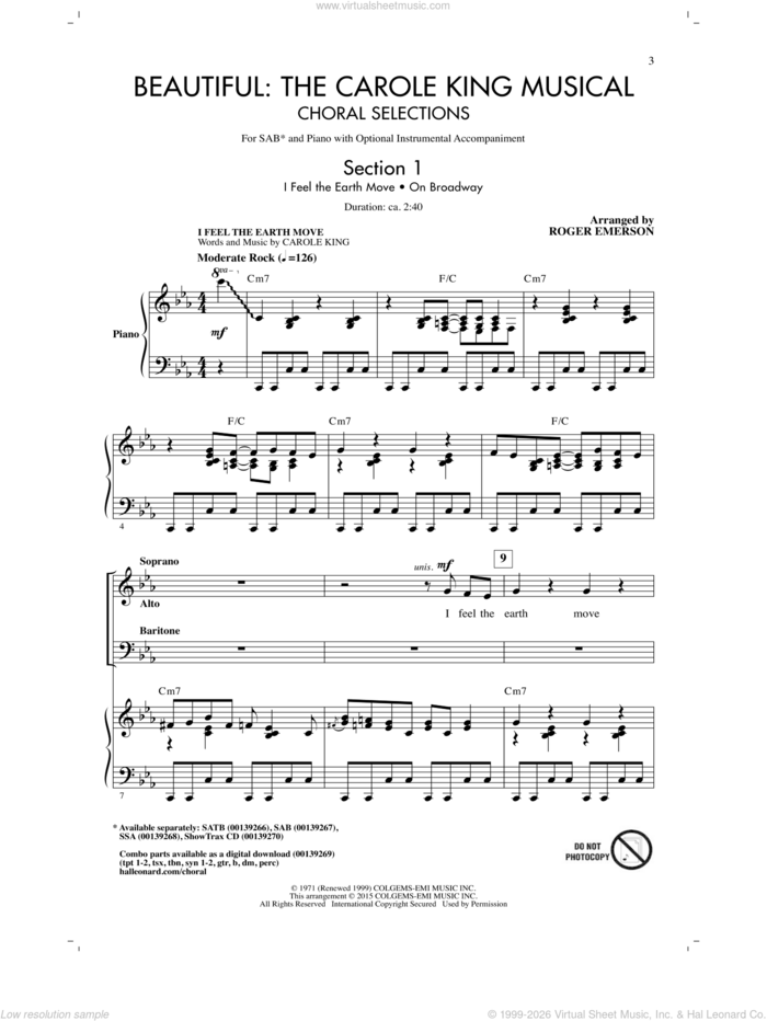 Beautiful: The Carole King Musical (Choral Selections) sheet music for choir (SAB: soprano, alto, bass) by Roger Emerson and Carole King, intermediate skill level