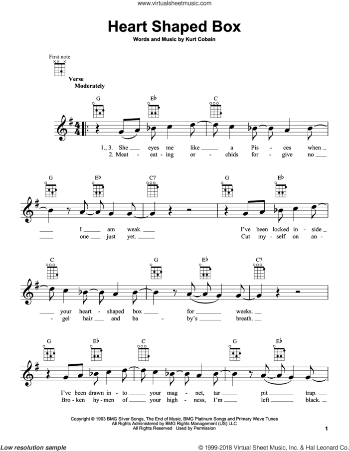 Heart Shaped Box sheet music for ukulele by Nirvana and Kurt Cobain, intermediate skill level