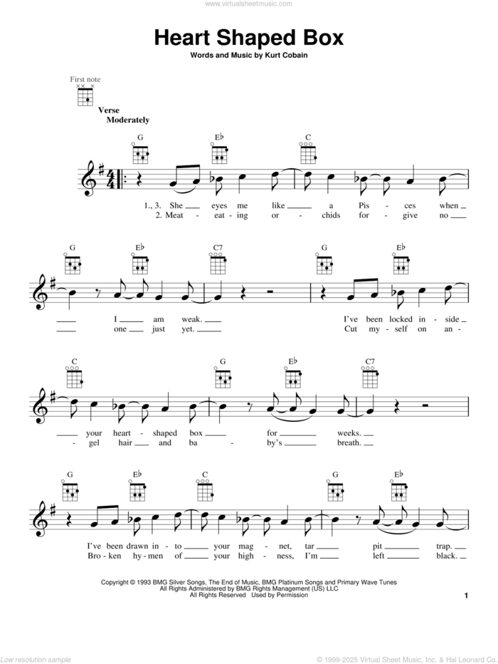 Heart Shaped Box sheet music for ukulele by Nirvana and Kurt Cobain, intermediate skill level