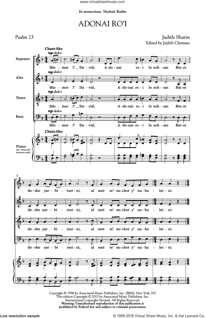 Adonai Ro'i sheet music for choir (SATB: soprano, alto, tenor, bass) by Judith Shatin, intermediate skill level