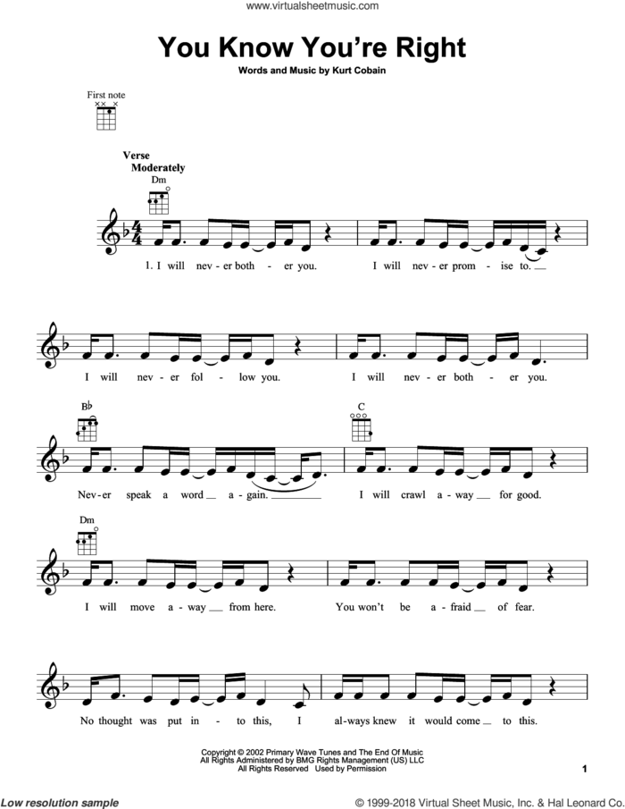 You Know You're Right sheet music for ukulele by Nirvana and Kurt Cobain, intermediate skill level