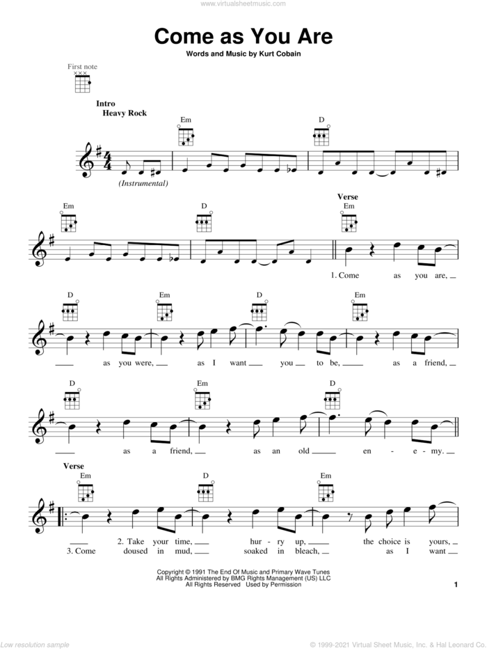Come As You Are sheet music for ukulele by Nirvana and Kurt Cobain, intermediate skill level
