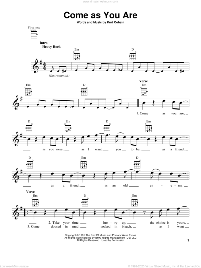 Come As You Are sheet music for ukulele by Nirvana and Kurt Cobain, intermediate skill level