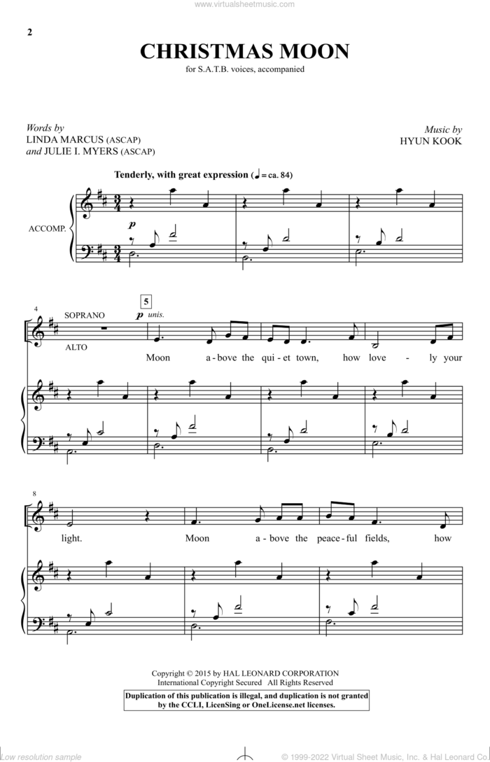Christmas Moon sheet music for choir (SATB: soprano, alto, tenor, bass) by Hyun Kook, Julie I. Myers and Linda Marcus, intermediate skill level