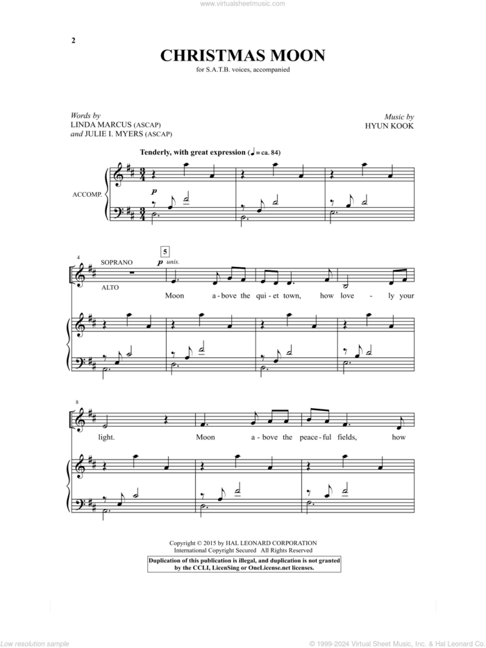 Christmas Moon sheet music for choir (SATB: soprano, alto, tenor, bass) by Hyun Kook, Julie I. Myers and Linda Marcus, intermediate skill level