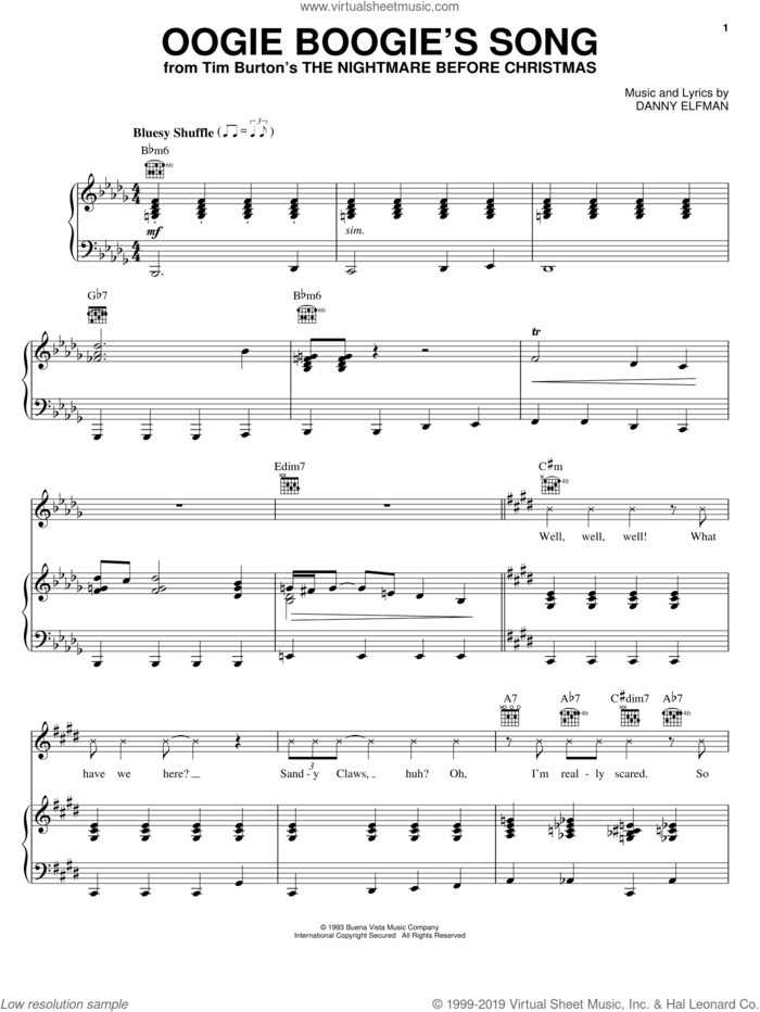 Oogie Boogie's Song (from The Nightmare Before Christmas) sheet music for voice, piano or guitar by Danny Elfman and The Nightmare Before Christmas (Movie), intermediate skill level