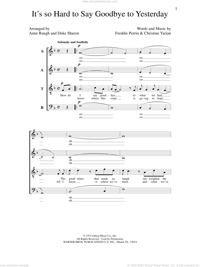 It's so Hard to Say Goodbye to Yesterday sheet music for choir (SATB: soprano, alto, tenor, bass) by Deke Sharon, Anne Raugh, Christine Yarian and Freddie Perrin, intermediate skill level