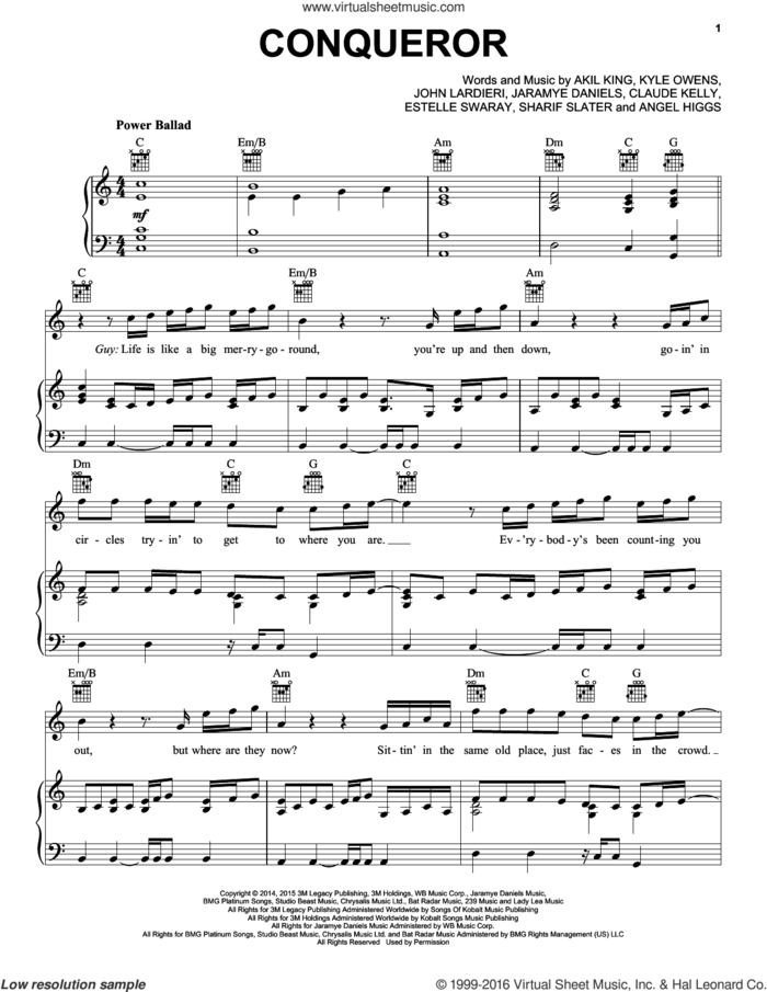 Conqueror sheet music for voice, piano or guitar by Estelle and Jussie Smollett, Timbaland, Akil King, Angel Higgs, Claude Kelly, Estelle Swaray, Jaramye Daniels, John Lardieri, Kyle Owens and Sharif Slater, intermediate skill level