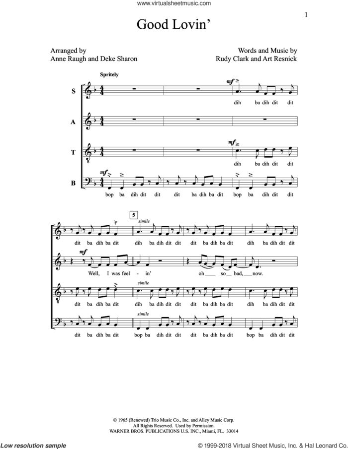 Good Lovin' sheet music for choir (SATB: soprano, alto, tenor, bass) by Deke Sharon, Anne Raugh, Art Resnick and Rudy Clark, intermediate skill level