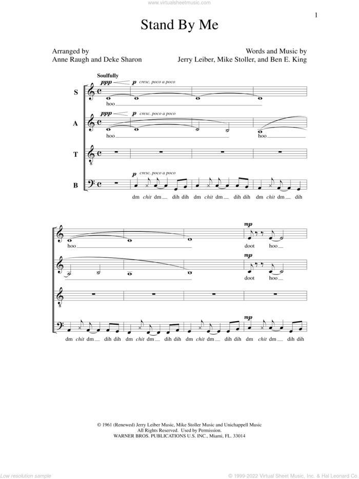 Stand By Me sheet music for choir (SATB: soprano, alto, tenor, bass) by Mike Stoller, Anne Raugh, Ben E. King, Deke Sharon and Jerry Leiber, intermediate skill level