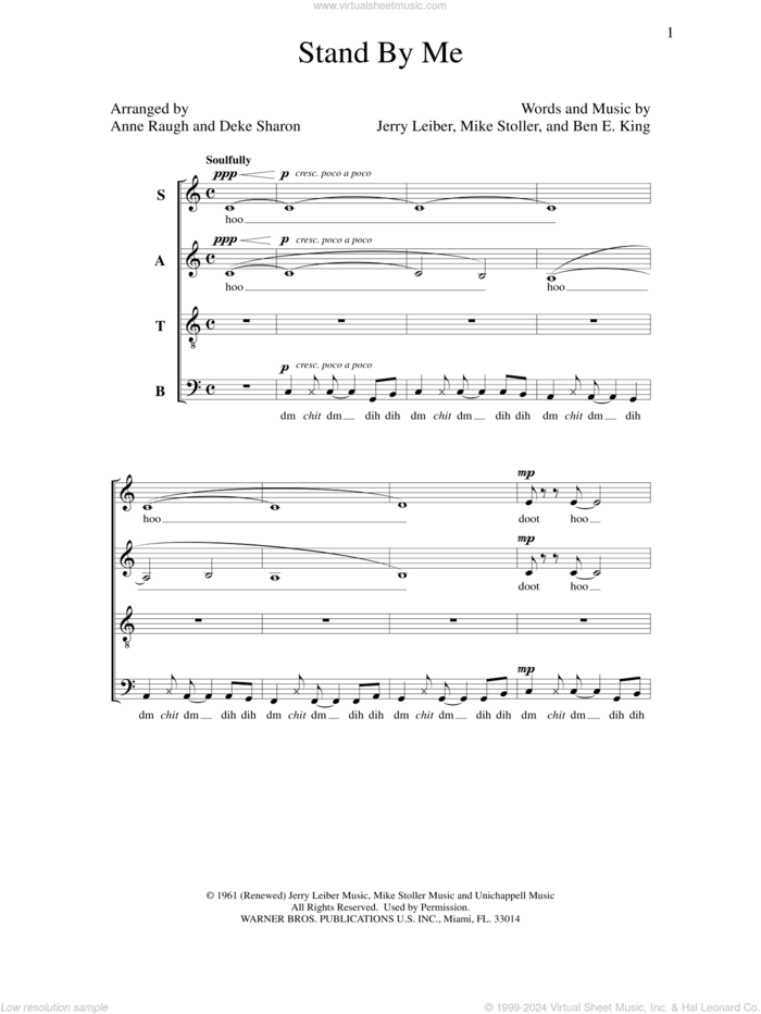 Stand By Me sheet music for choir (SATB: soprano, alto, tenor, bass) by Mike Stoller, Anne Raugh, Ben E. King, Deke Sharon and Jerry Leiber, intermediate skill level