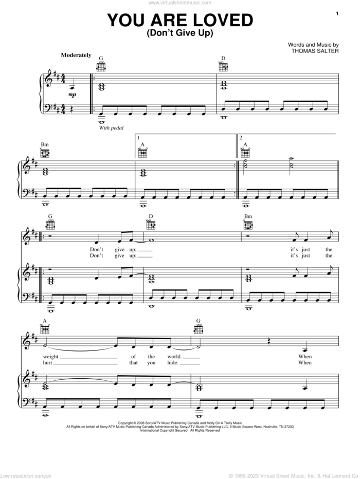 You Are Loved (Don't Give Up) sheet music for voice, piano or guitar by Josh Groban and Thomas Salter, intermediate skill level