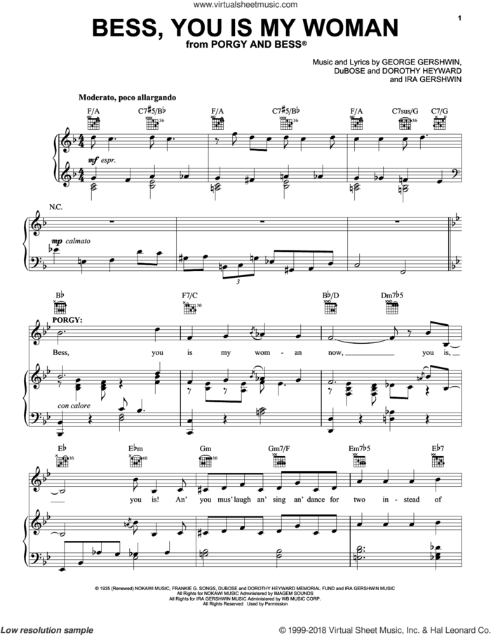 Bess, You Is My Woman sheet music for voice, piano or guitar by George and Ira Gershwin, Dorothy Heyward, DuBose Heyward, George Gershwin and Ira Gershwin, intermediate skill level