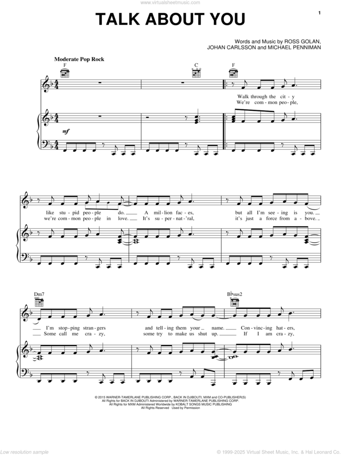 Talk About You sheet music for voice, piano or guitar by Mika, Johan Carlsson and Ross Golan, intermediate skill level