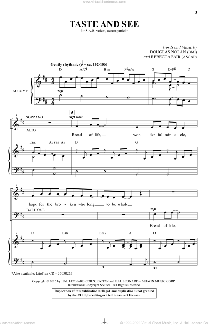 Taste And See sheet music for choir (SAB: soprano, alto, bass) by Douglas Nolan and Rebecca Fair, intermediate skill level