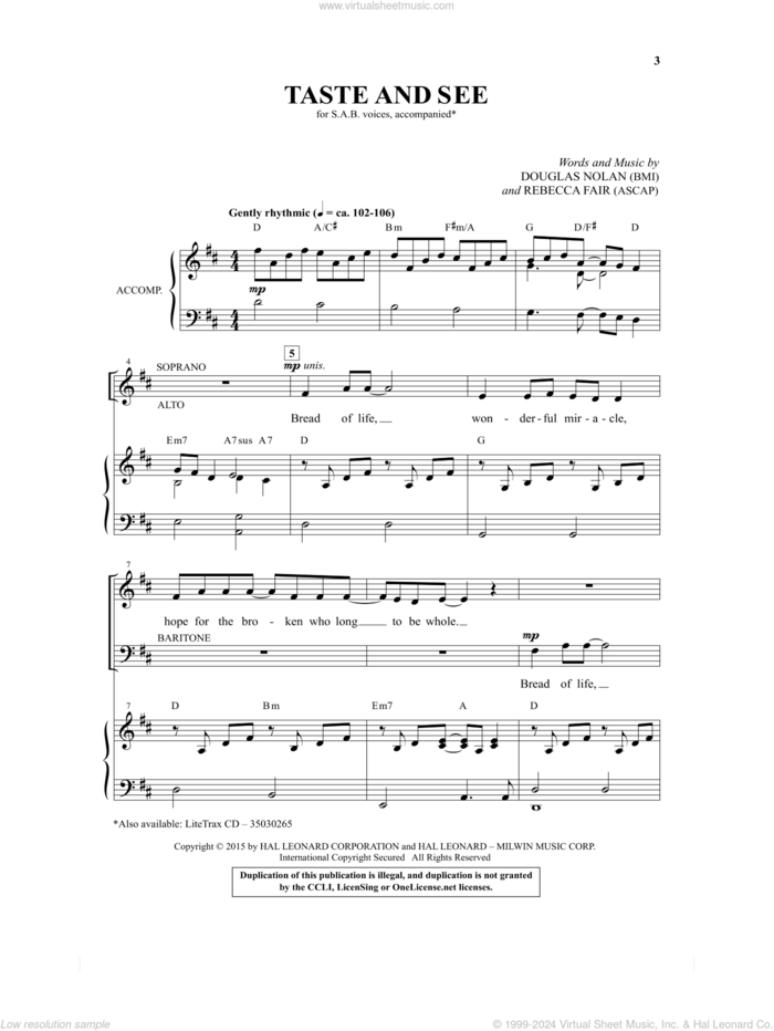 Taste And See sheet music for choir (SAB: soprano, alto, bass) by Douglas Nolan and Rebecca Fair, intermediate skill level