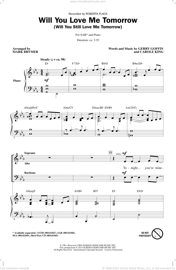 Will You Love Me Tomorrow (Will You Still Love Me Tomorrow) sheet music for choir (SAB: soprano, alto, bass) by Mark Brymer, Carole King, Gerry Goffin, Roberta Flack and The Shirelles, intermediate skill level