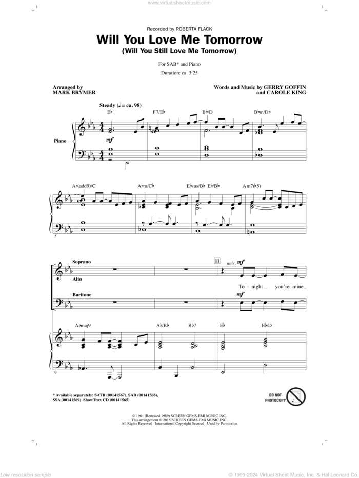 Will You Love Me Tomorrow (Will You Still Love Me Tomorrow) sheet music for choir (SAB: soprano, alto, bass) by Mark Brymer, Carole King, Gerry Goffin, Roberta Flack and The Shirelles, intermediate skill level