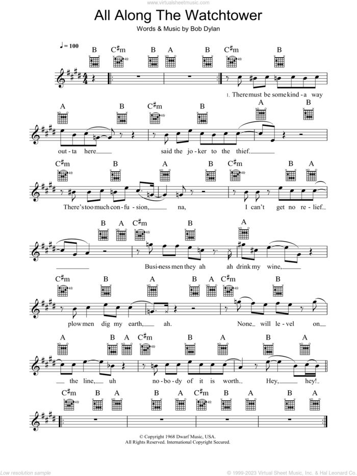 All Along The Watchtower sheet music for voice and other instruments (fake book) by Jimi Hendrix, U2 and Bob Dylan, intermediate skill level