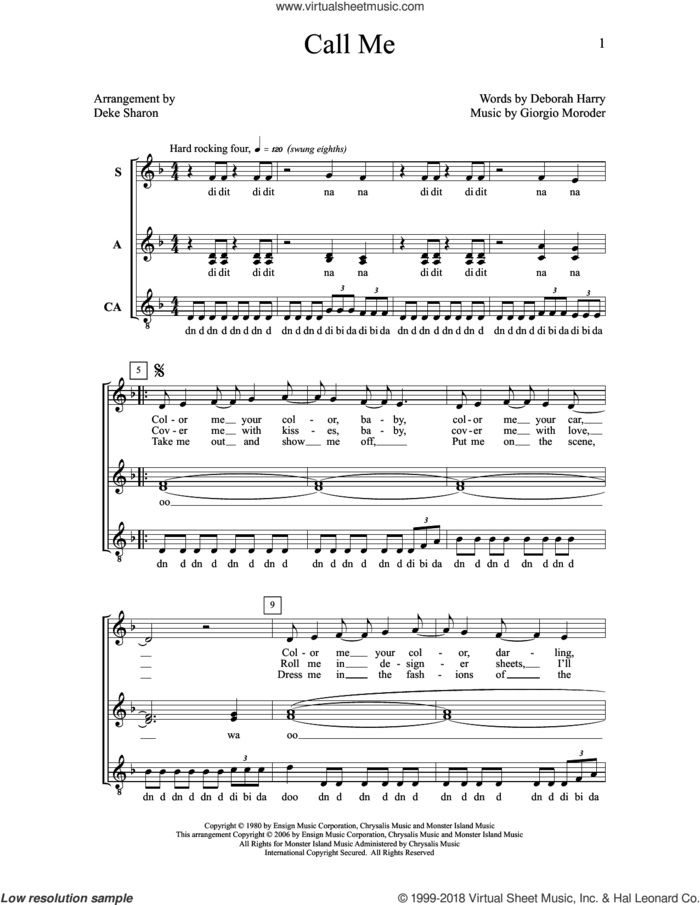 Call Me sheet music for choir (SAT: soprano, alto, tenor) by Deke Sharon, Anne Raugh, Deborah Harry and Giorgio Moroder, intermediate skill level
