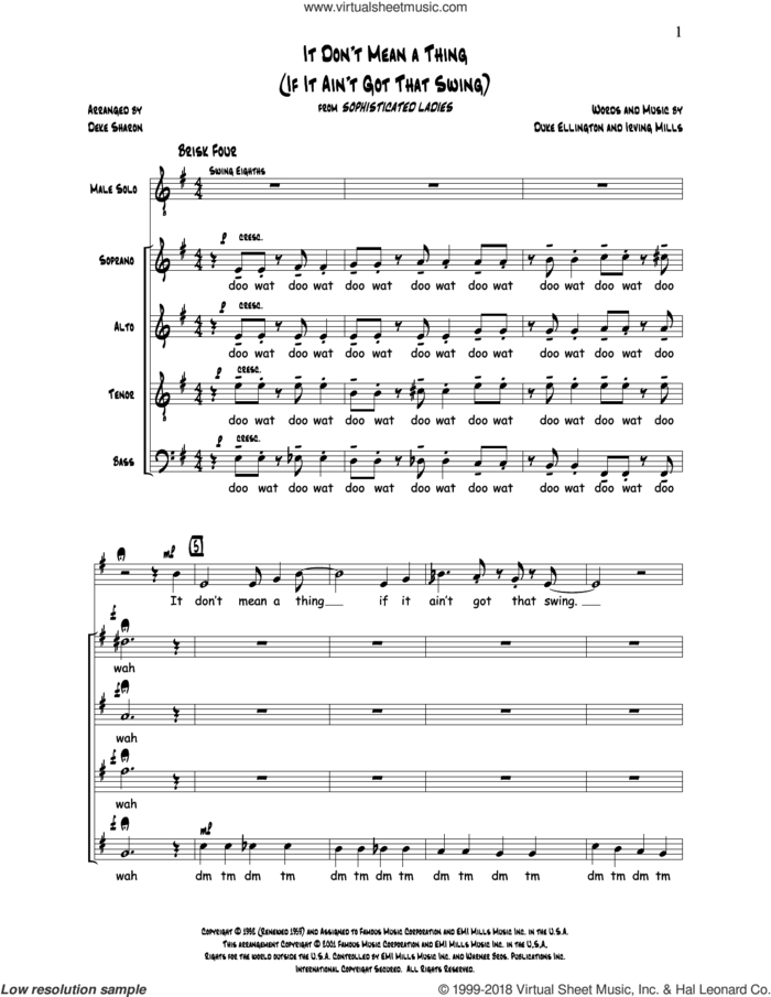 It Don't Mean a Thing sheet music for choir (SATB: soprano, alto, tenor, bass) by Duke Ellington, Anne Raugh, Deke Sharon and Irving Mills, intermediate skill level
