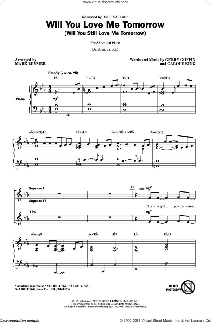 Will You Love Me Tomorrow (Will You Still Love Me Tomorrow) sheet music for choir (SSA: soprano, alto) by Mark Brymer, Carole King, Gerry Goffin, Roberta Flack and The Shirelles, intermediate skill level