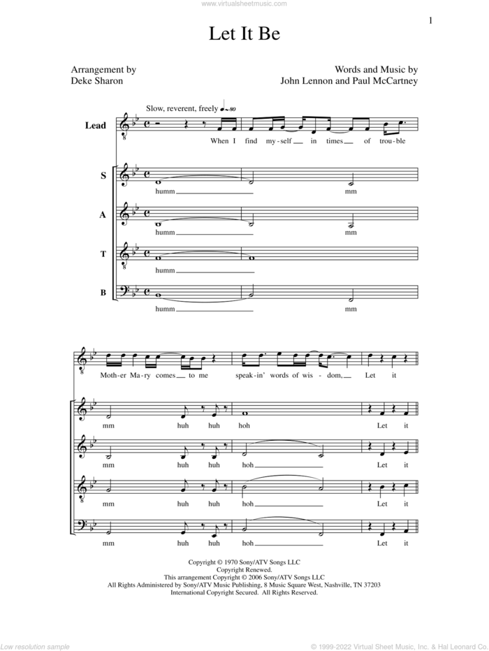 Let It Be sheet music for choir (SATB: soprano, alto, tenor, bass) by Deke Sharon, Anne Raugh, John Lennon and Paul McCartney, intermediate skill level