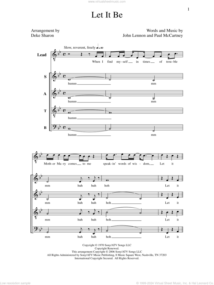 Let It Be sheet music for choir (SATB: soprano, alto, tenor, bass) by Deke Sharon, Anne Raugh, John Lennon and Paul McCartney, intermediate skill level