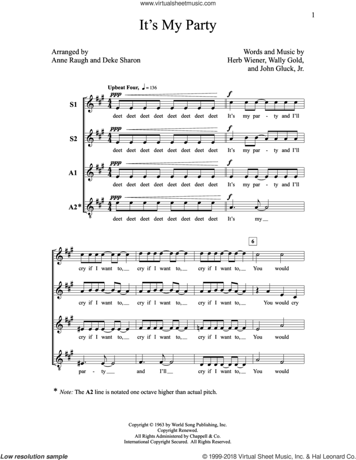 It's My Party sheet music for choir (SSAA: soprano, alto) by Deke Sharon, Anne Raugh, Herb Wiener, John Gluck Jr. and Wally Gold, intermediate skill level
