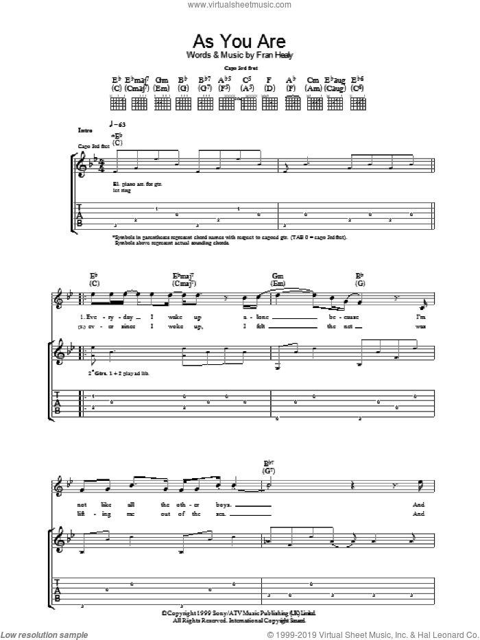 As You Are sheet music for guitar (tablature) by Merle Travis and Fran Healy, intermediate skill level