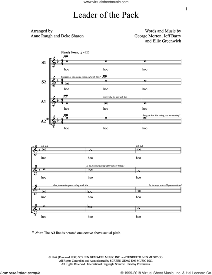 Leader Of The Pack sheet music for choir (SSAA: soprano, alto) by Deke Sharon, Anne Raugh, Ellie Greenwich, George Morton and Jeff Barry, intermediate skill level