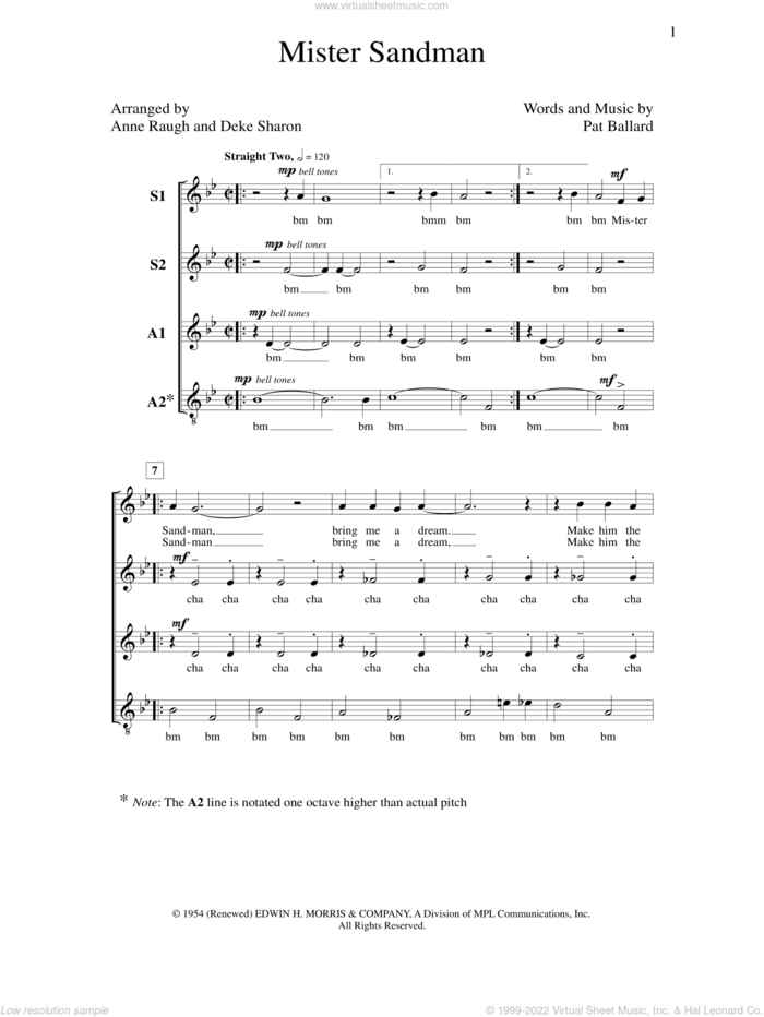 Mister Sandman sheet music for choir (SSAA: soprano, alto) by Deke Sharon, Anne Raugh and Pat Ballard, intermediate skill level