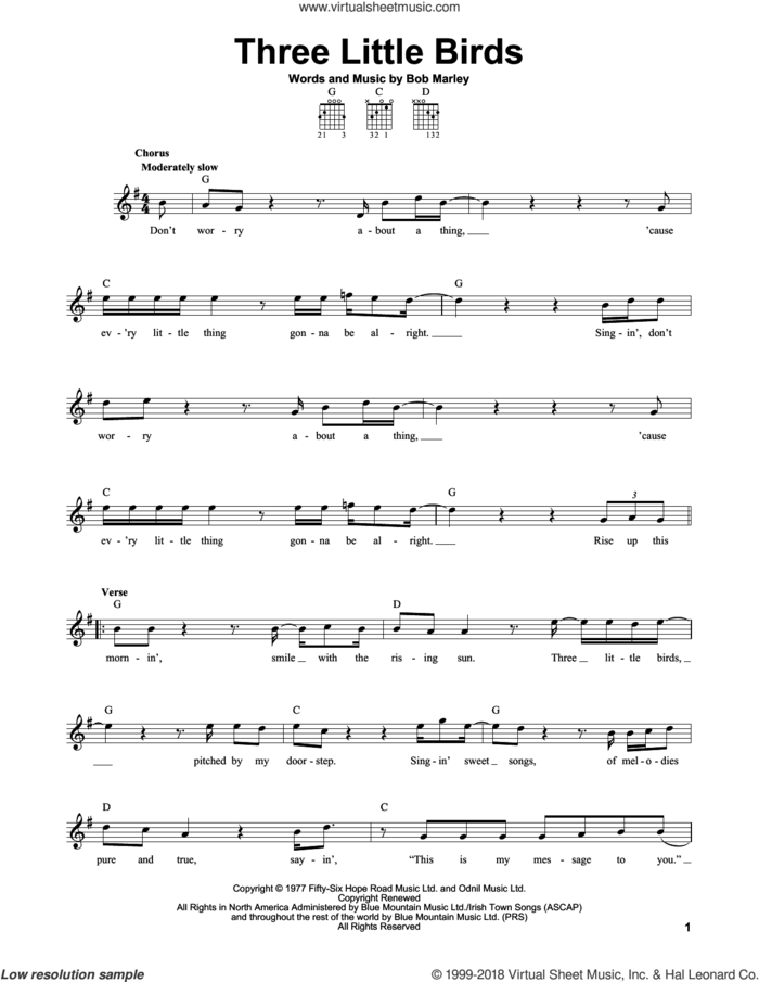 Three Little Birds sheet music for guitar solo (chords) by Bob Marley, easy guitar (chords)