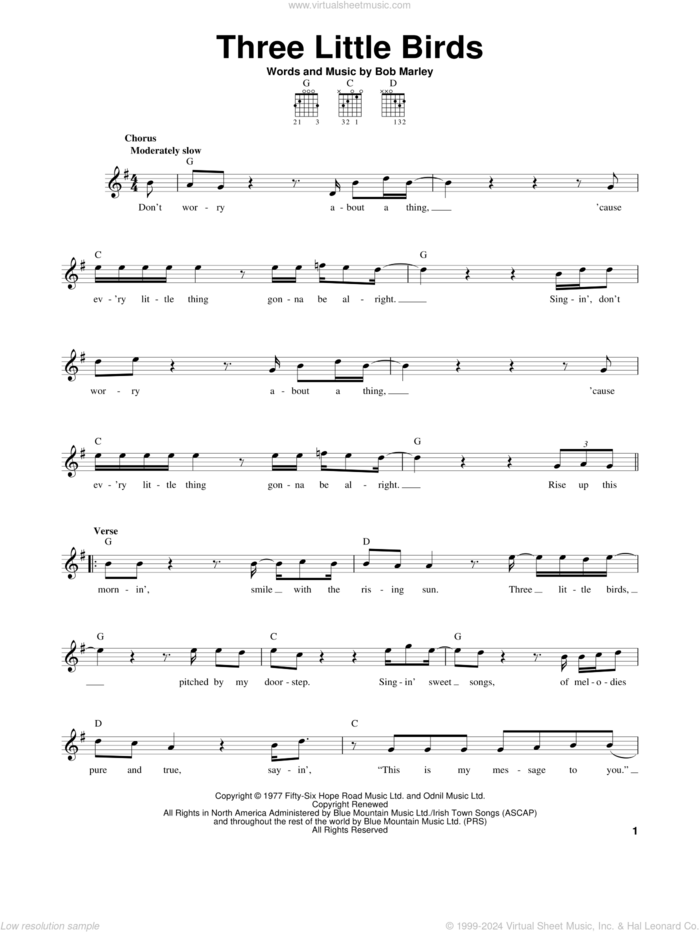 Three Little Birds sheet music for guitar solo (chords) by Bob Marley, easy guitar (chords)