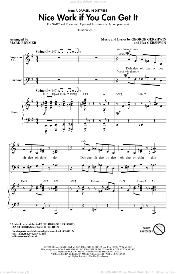 Nice Work If You Can Get It sheet music for choir (SAB: soprano, alto, bass) by George Gershwin, Mark Brymer, Frank Sinatra and Ira Gershwin, intermediate skill level