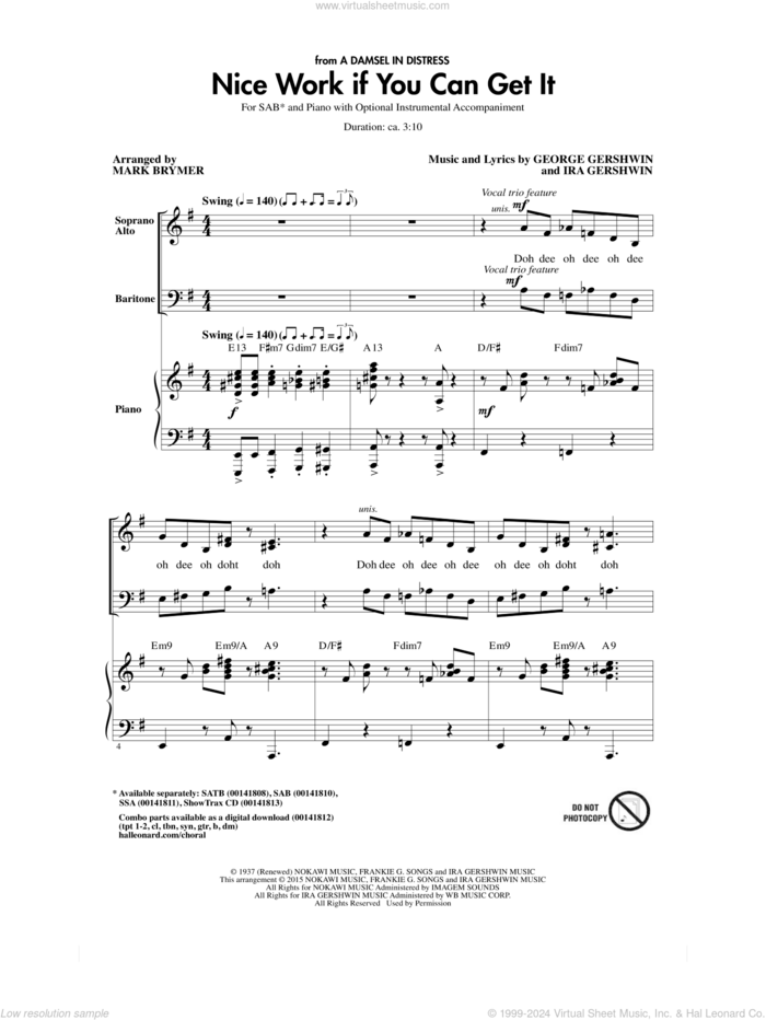 Nice Work If You Can Get It sheet music for choir (SAB: soprano, alto, bass) by George Gershwin, Mark Brymer, Frank Sinatra and Ira Gershwin, intermediate skill level